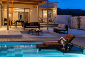 Night view of the private pool at the Suite at KANOA THE VILLAS – Mt. Fuji Lake Yamanaka